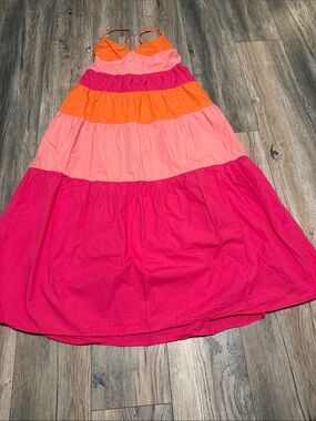 L.I.F.E. Colorblock Tiered Maxi Dress - Hot Pink, Coral & Orange